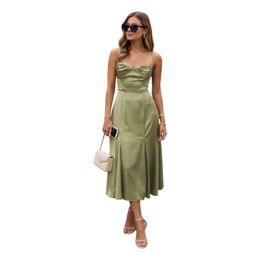 Reformation Women's Hensley Satin Midi Dress Sleeveless Sage Green Size 10 NWT